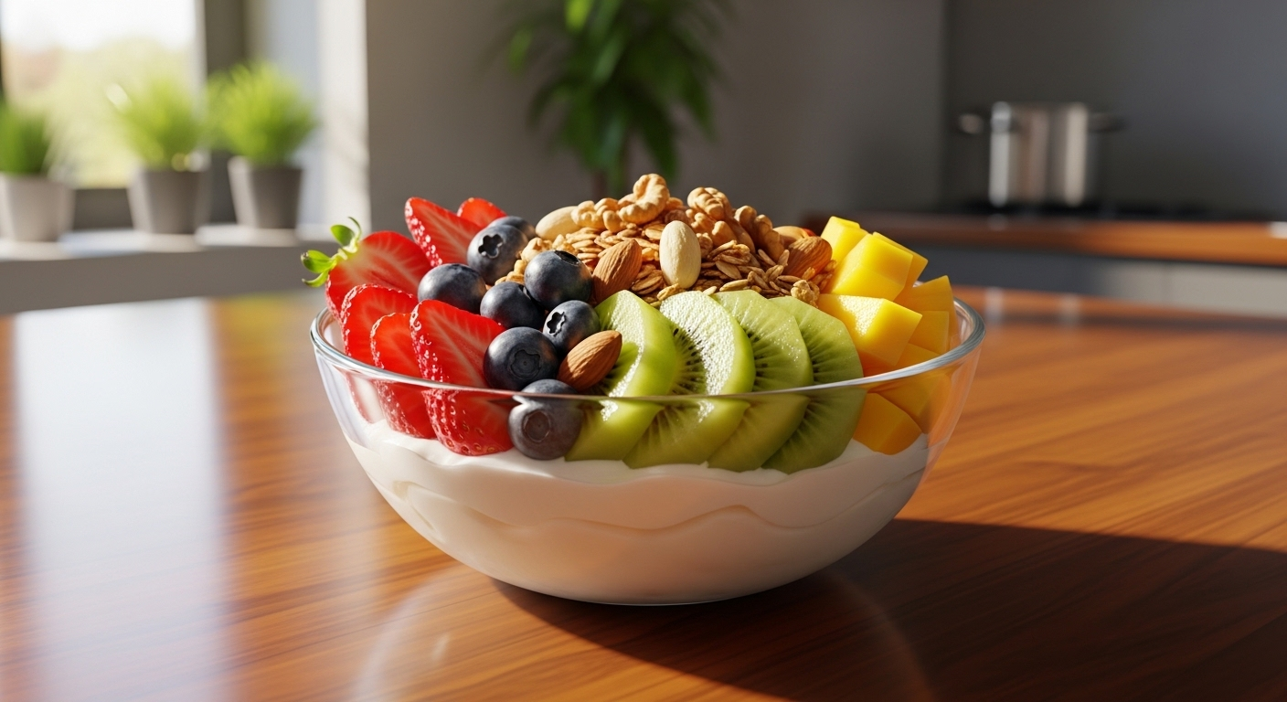 Bát trái cây, hạt và sữa chua đầy màu sắc, bữa ăn lành mạnh trên bàn gỗ. Lựa chọn tuyệt vời cho sức khỏe tổng thể và hỗ trợ cải thiện tình trạng ngưng thở khi ngủ.