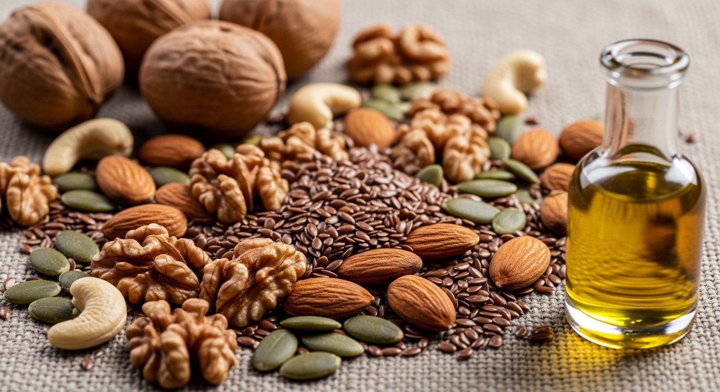 Close-up các loại hạt dinh dưỡng óc chó, hạnh nhân, hạt lanh và chai dầu ô liu trên vải lanh, gợi ý về chế độ ăn uống lành mạnh. Việc cân nhắc thực phẩm phù hợp cũng quan trọng như việc tìm kiếm sữa bột dành cho người tiểu đường loại nào tốt để quản lý dinh dưỡng hiệu quả.