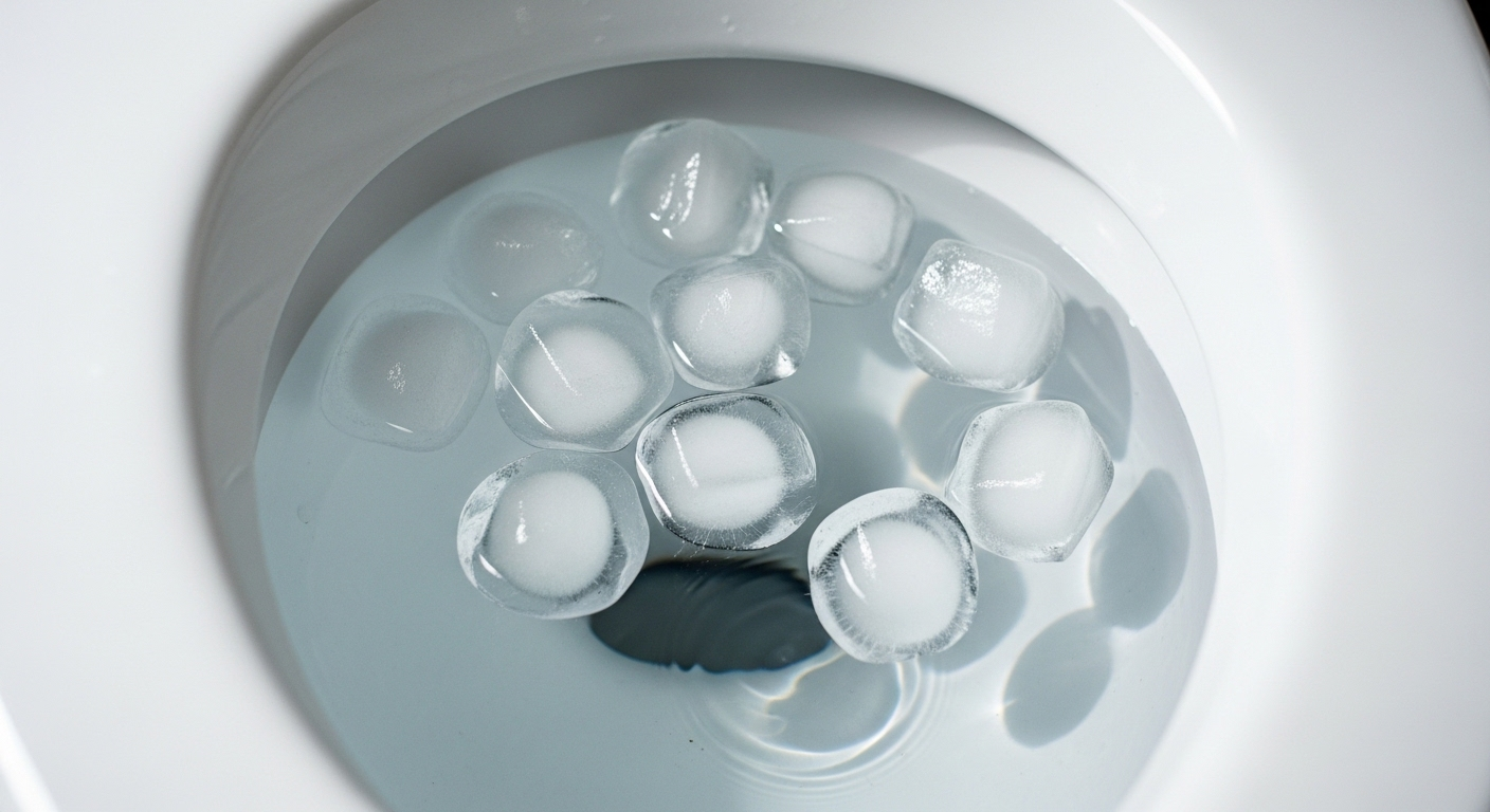 Cận cảnh bồn cầu hiện đại sáng bóng với đá viên lấp lánh, một mẹo hữu ích cho cách thông bồn cầu bị tắc giấy vệ sinh đơn giản.