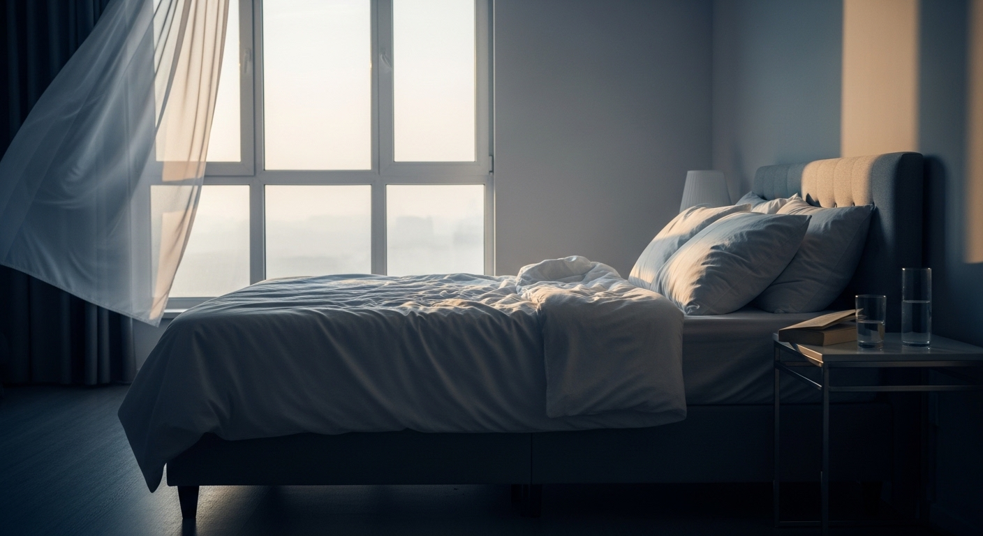 Phòng ngủ yên bình buổi sáng sớm, giường gọn gàng dưới ánh bình minh dịu nhẹ, biểu trưng cho giấc ngủ sâu và sức khỏe toàn diện buổi sáng, bao gồm cả yếu tố giảm cương dương buổi sáng.