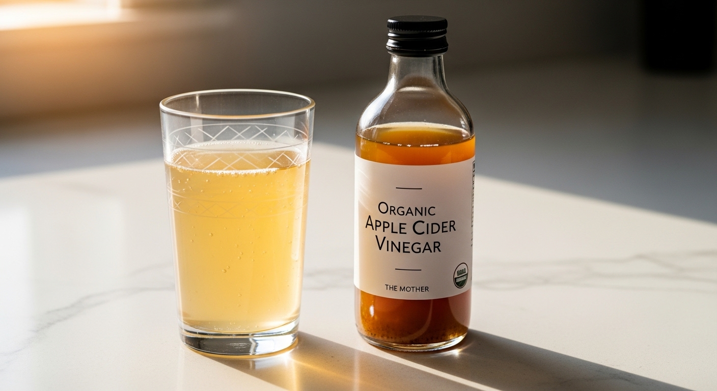 Ly giấm táo pha loãng và chai giấm táo hữu cơ trên bàn bếp. Giải pháp tự nhiên giúp phòng sỏi amidan.