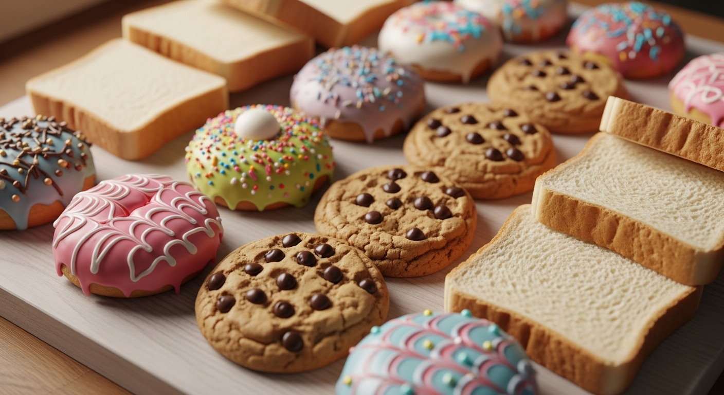 Bánh ngọt, bánh quy socola và bánh mì trắng trên khay gỗ sáng màu, minh họa những sai lầm ăn uống người tiểu đường hại thận.