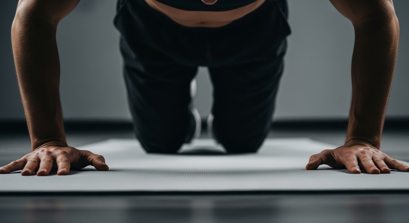 Người tập hít đất bằng đầu gối trên thảm, lưng thẳng từ vai đến gối. Tư thế chuẩn giúp hỗ trợ người bị thoát vị đĩa đệm tập hít đất đúng kỹ thuật.