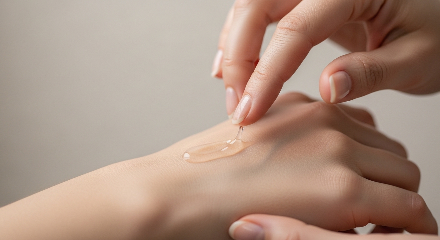 Bàn tay nhẹ nhàng thoa tinh chất serum mỏng mượt lên mu bàn tay, giúp điều trị sạm nám hiệu quả.