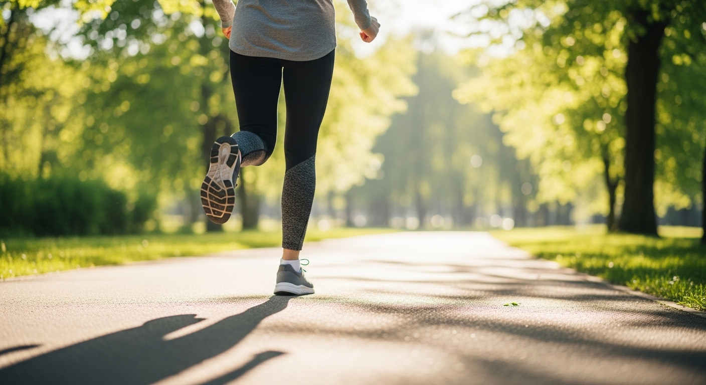 Chân một người đang bước đi nhanh trên đường lát trong công viên ngập nắng, tượng trưng cho lối sống năng động giúp giảm thiểu nguyên nhân gây suy tĩnh mạch mạn tính.
