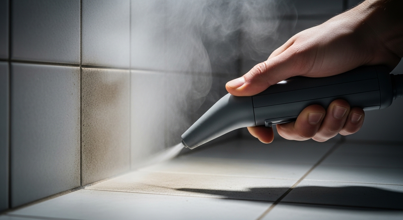 Tay dùng máy hơi nước làm sạch vữa gạch nhà tắm bị ố, minh họa cách tẩy sàn nhà vệ sinh bị ố vàng bằng hơi nóng hiệu quả.