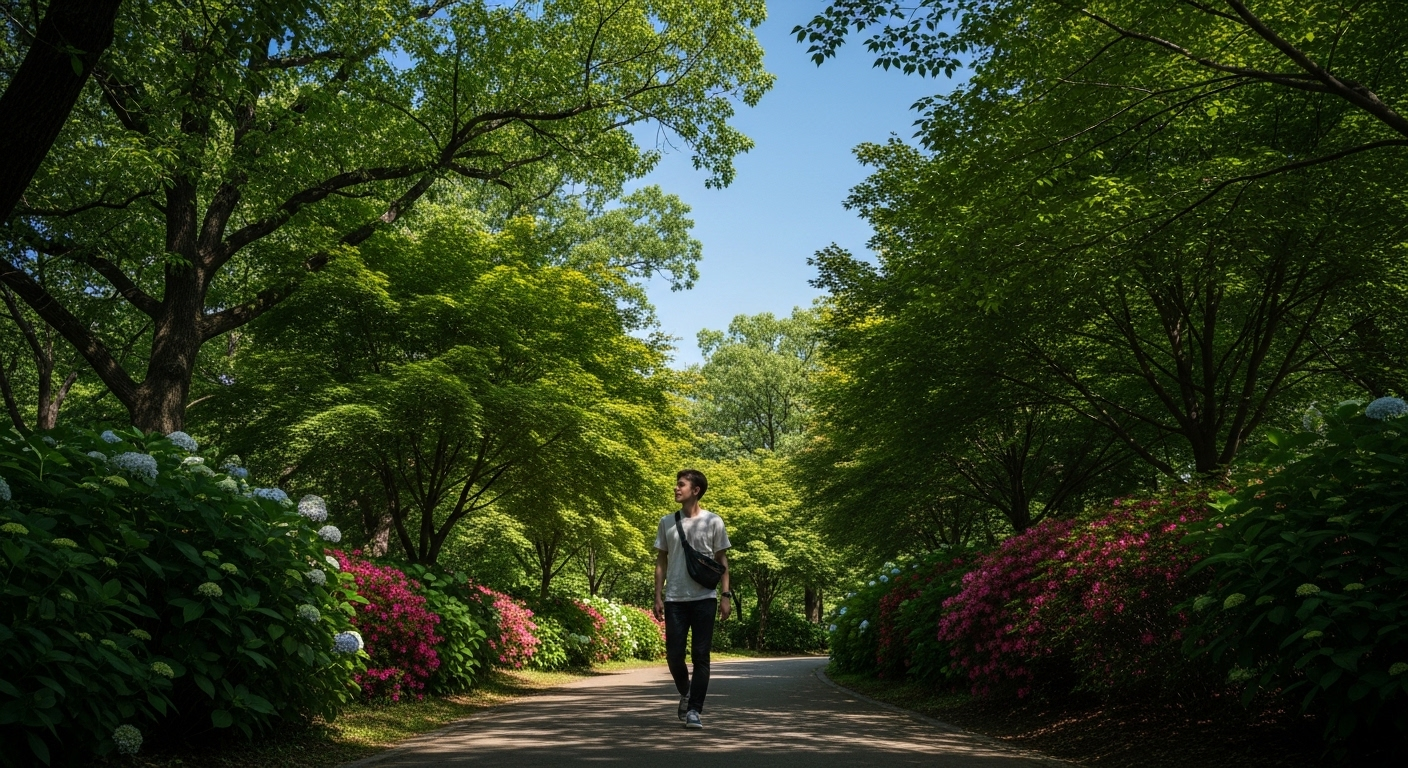 Người đi bộ tìm tòi trong công viên thanh bình với đường lát gạch, rợp cây xanh và hoa, dưới ánh nắng nhẹ.
