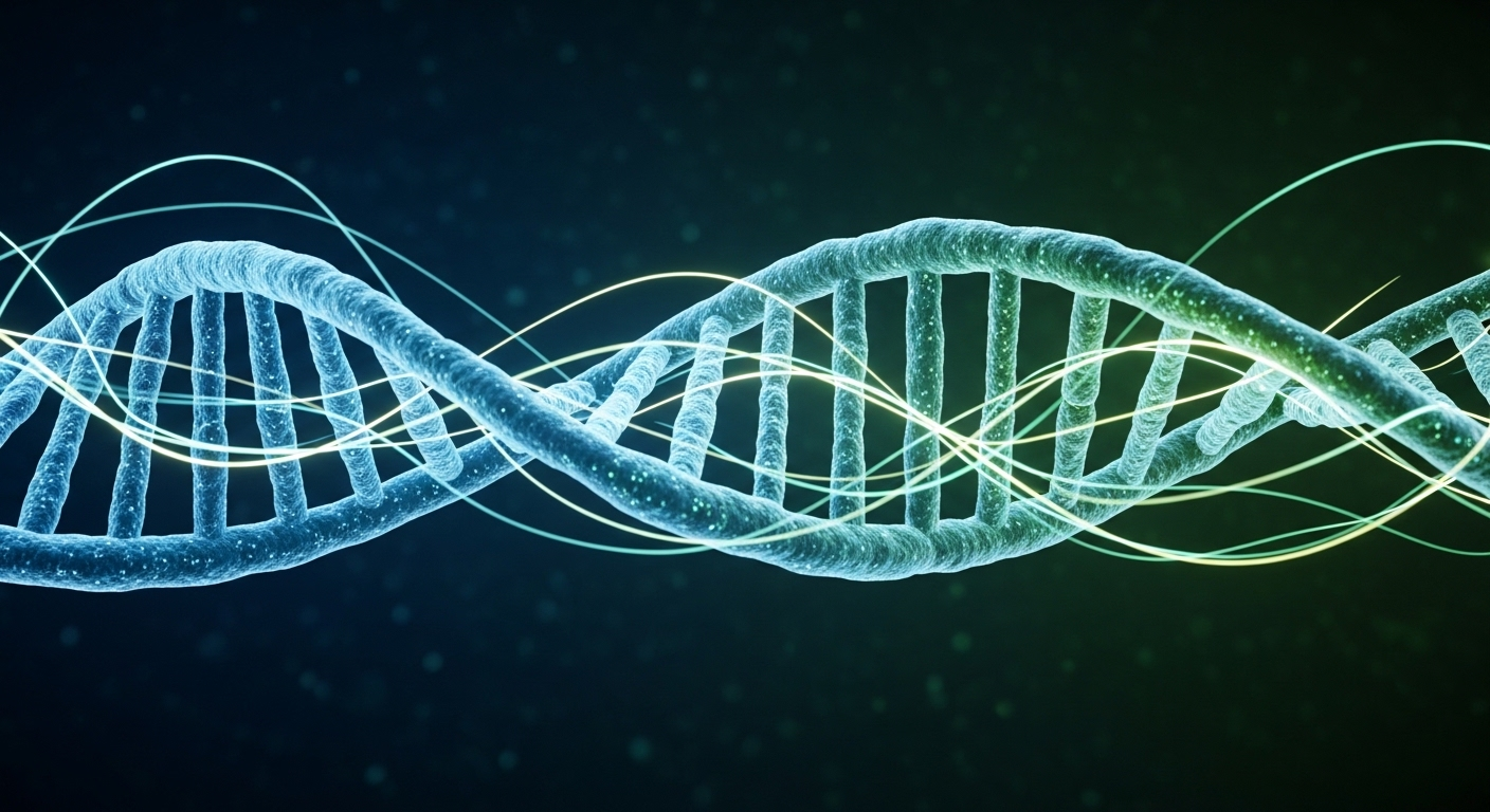 Hình ảnh DNA xoắn kép phát sáng xanh biếc, biểu tượng tiềm năng sinh học khi trữ tế bào gốc con sơ sinh.