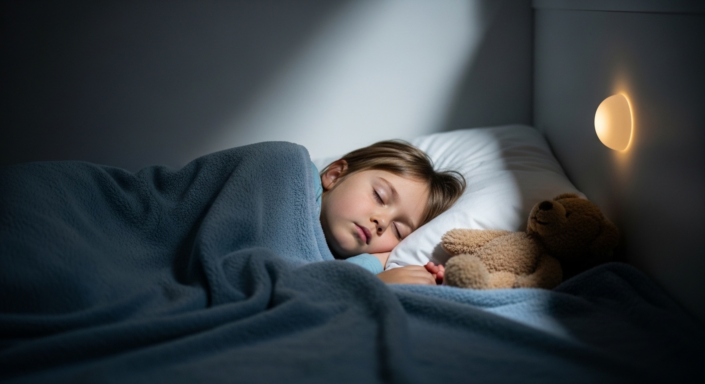 Em bé ngủ say sưa trên giường êm ái trong phòng tối mờ với ánh đèn ngủ dịu nhẹ. Giấc ngủ sâu như vậy rất quan trọng cho sự phát triển khỏe mạnh, giúp bé tránh nguy cơ ngừng phát triển chiều cao.