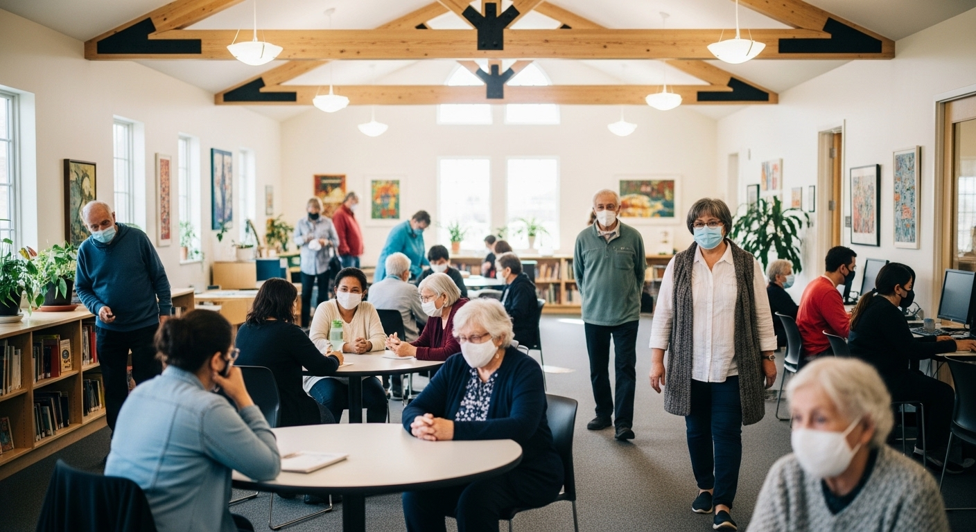 Nhóm người đeo khẩu trang bảo hộ màu sáng trong không gian công cộng sáng sủa, thoáng đãng như thư viện, tạo không khí bình yên và tôn trọng. Những biện pháp bảo vệ sức khỏe này góp phần duy trì sự tỉnh táo và hoạt động hiệu quả cho não mô cầu.