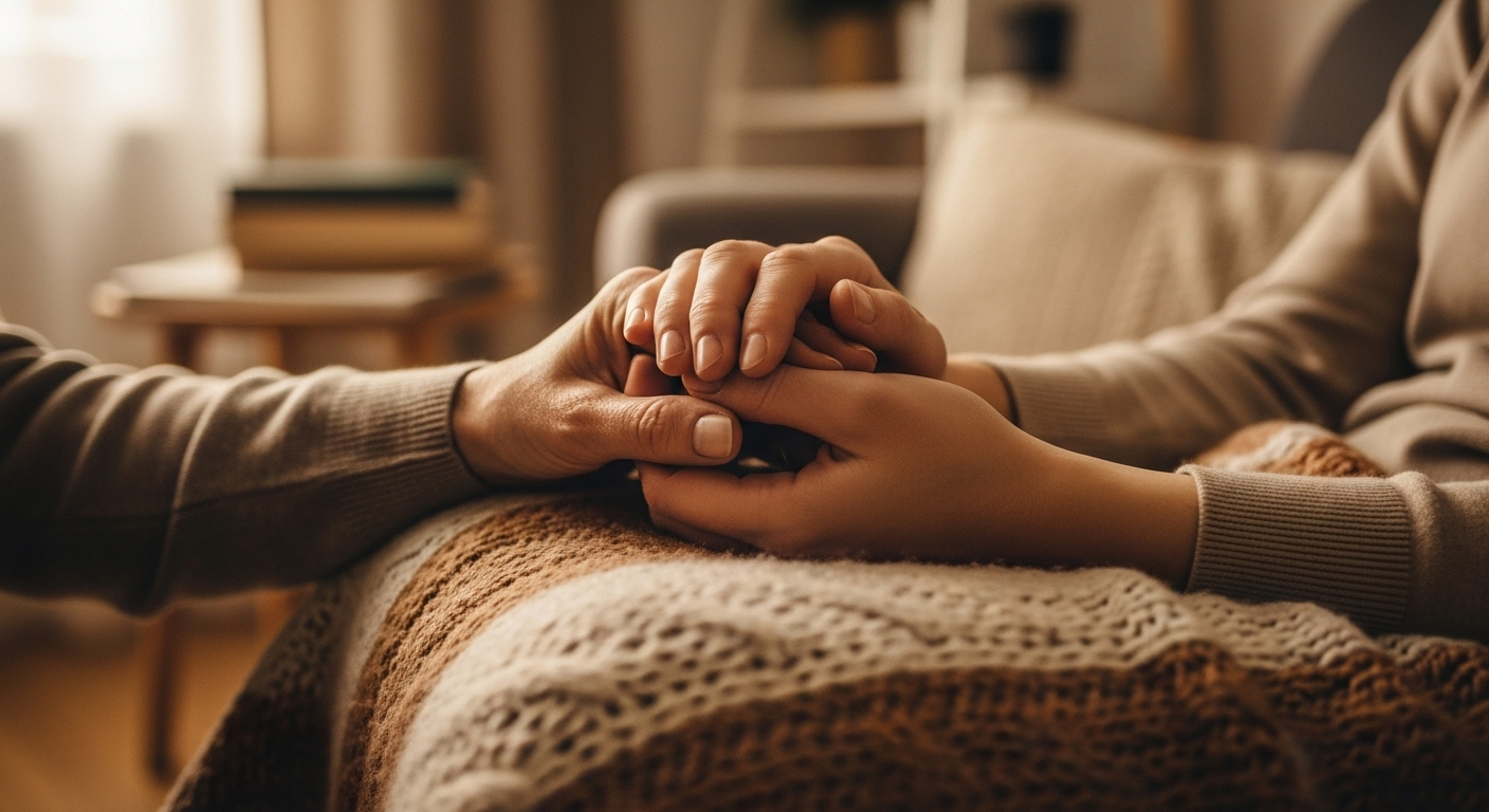 Hai bàn tay, một già một trẻ, nhẹ nhàng nắm lấy nhau trên chăn ấm áp, biểu tượng sự quan tâm và đồng hành vượt qua di chứng sau đột quỵ.