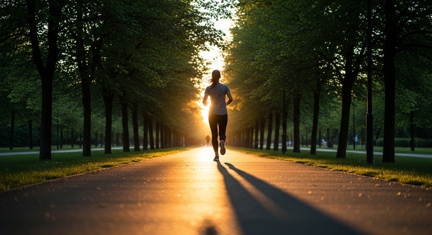 Người mặc đồ thể thao chạy bộ khỏe khoắn trong công viên xanh mát dưới ánh hoàng hôn, một phần của lối sống năng động hỗ trợ hiệu quả chế độ ăn cho người bệnh gan.
