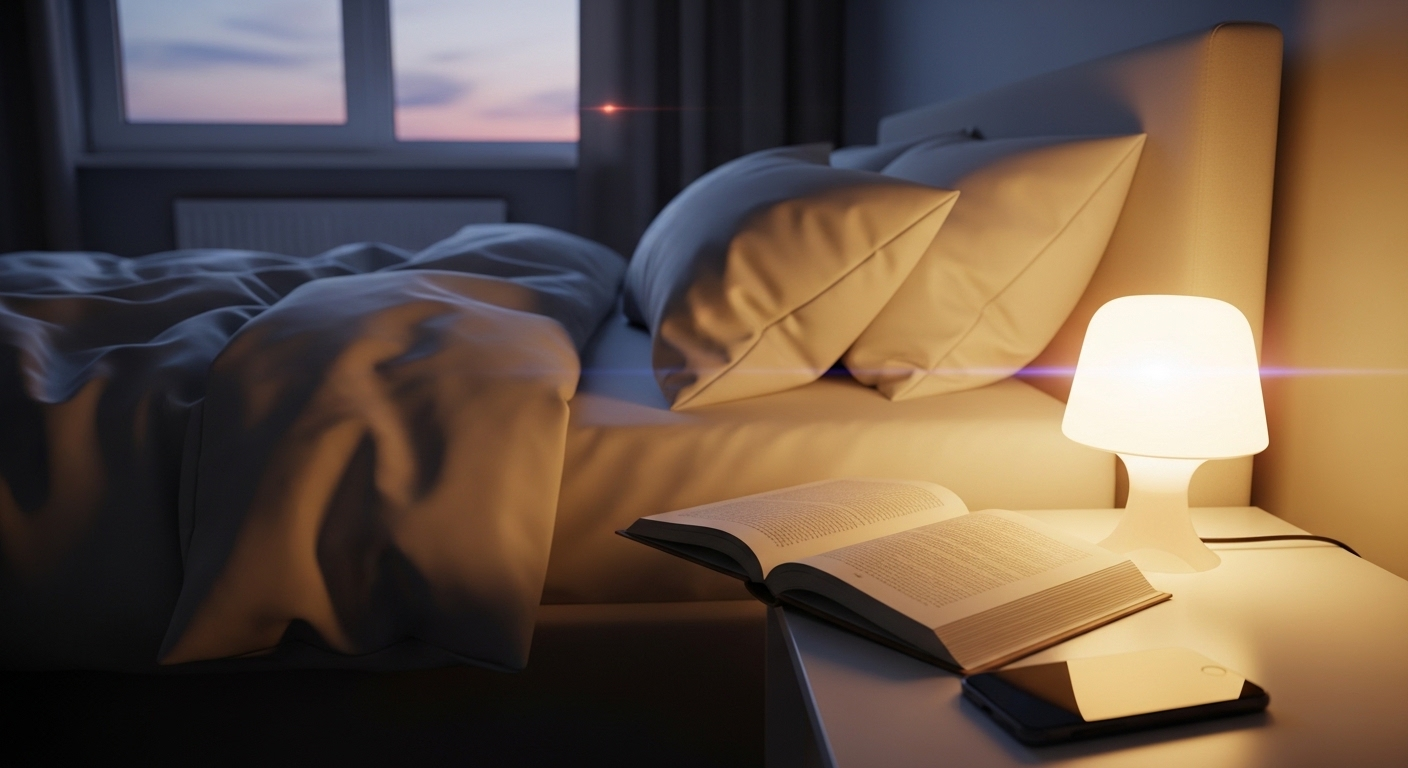 Phòng ngủ yên bình lúc hoàng hôn với sách mở và điện thoại tắt, thể hiện lối sống lành mạnh ưu tiên thư giãn trước giấc ngủ.