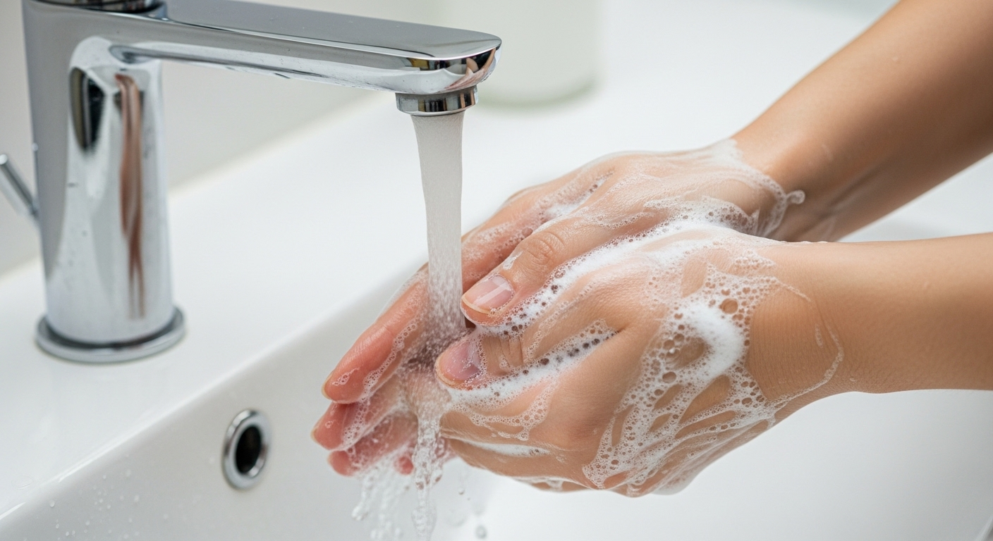 Bàn tay đang tạo bọt xà phòng dưới vòi nước chảy, minh họa mẹo vặt sức khỏe rửa tay đúng cách.