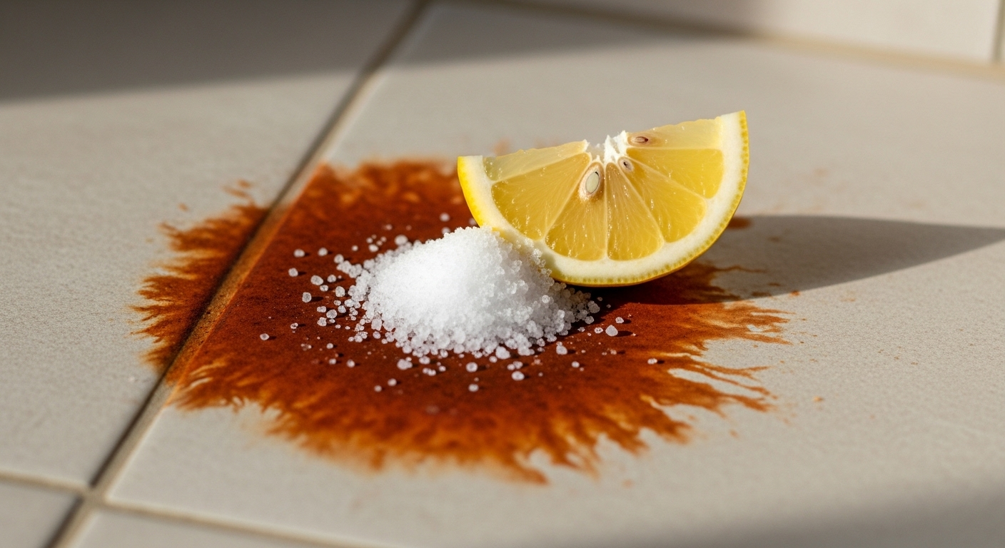 Vết ố gỉ sét màu nâu đỏ trên sàn gạch nhà vệ sinh màu be, đang được xử lý bằng chanh tươi và muối hột. Giải pháp tự nhiên cho cách tẩy sàn nhà vệ sinh bị ố vàng hiệu quả. Vết ố gỉ sét màu nâu đỏ trên sàn gạch nhà vệ sinh màu be, đang được xử lý bằng chanh tươi và muối hột. Giải pháp tự nhiên cho cách tẩy sàn nhà vệ sinh bị ố vàng hiệu quả.