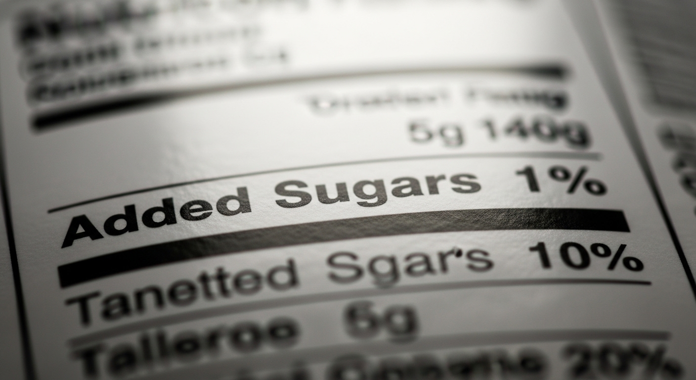 Cận cảnh nhãn thông tin dinh dưỡng, hiển thị rõ mục 'đường thêm vào'. Thông tin thiết yếu cho những ai muốn kiểm soát lượng đường và giảm đồ ngọt.