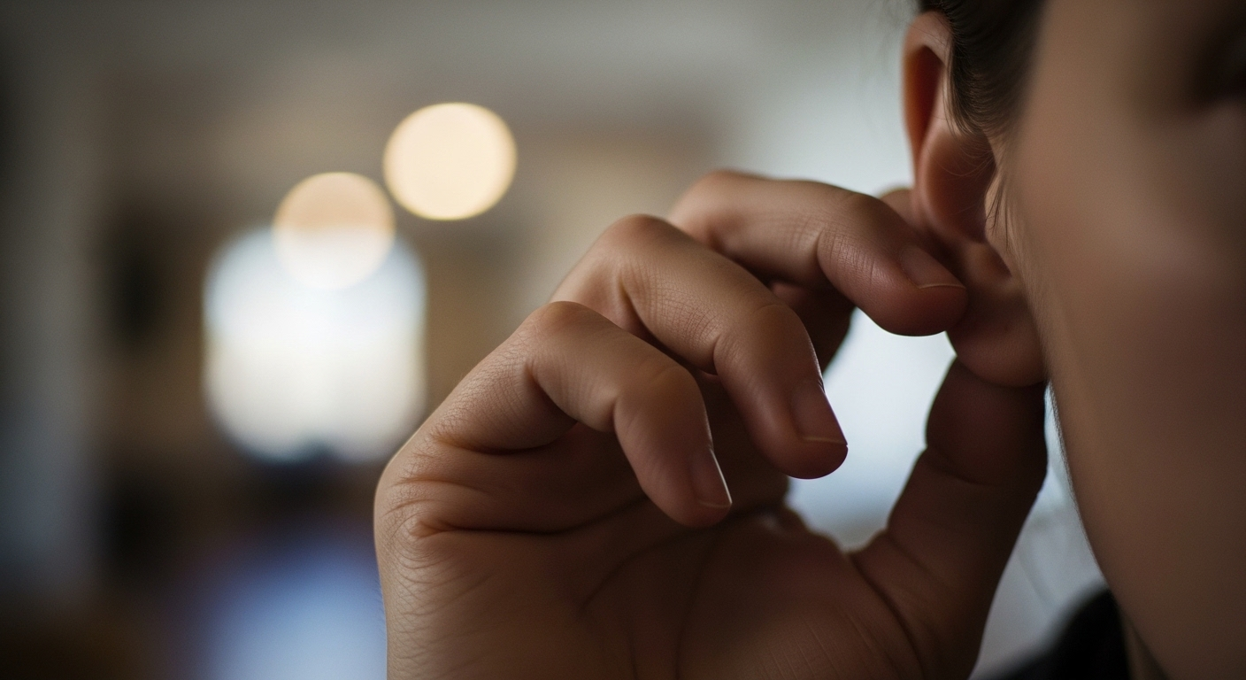 Cận cảnh bàn tay nhẹ nhàng xoa dái tai, một mẹo vặt sức khỏe giúp thư giãn.