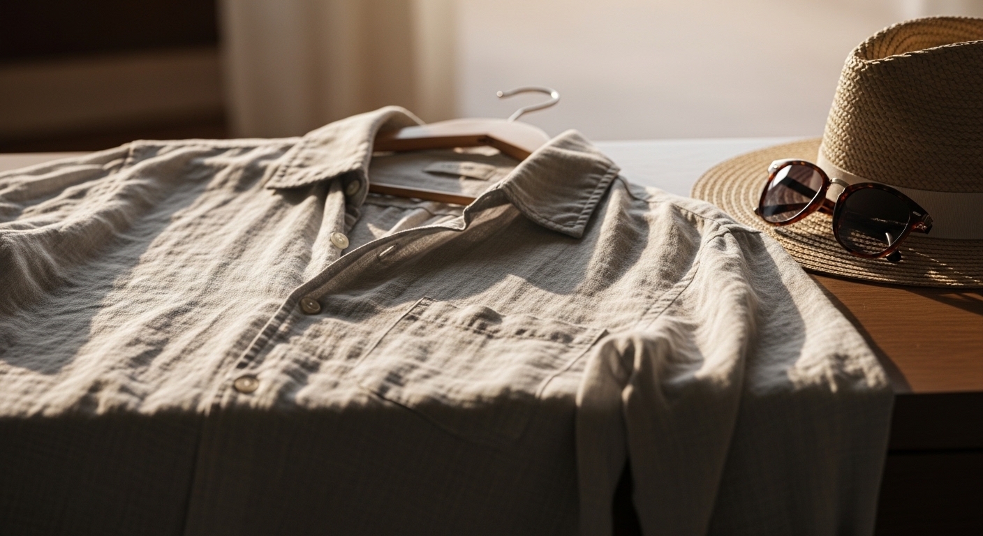 Áo sơ mi linen nhẹ màu sáng, mũ rơm rộng vành và kính râm – bộ trang phục hoàn hảo cho mùa hè, giúp bạn thoải mái dưới nắng và góp phần bảo vệ tim mạch mùa hè.