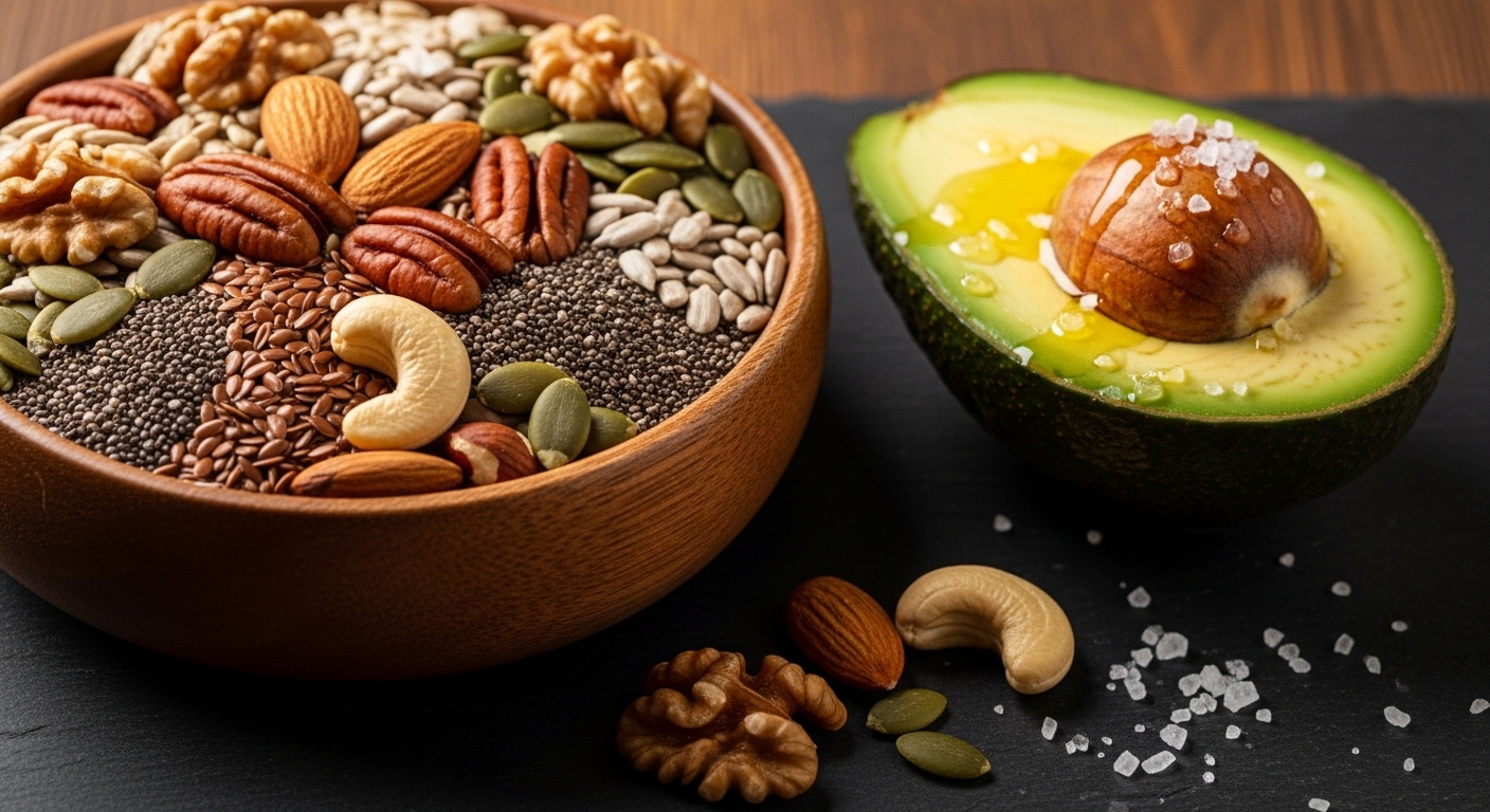 Bát hạt dinh dưỡng (hạnh nhân, óc chó, chia, bí ngô) cùng nửa quả bơ tươi rưới dầu ô liu, là những thành phần tuyệt vời cho mẹo ăn uống lành mạnh.