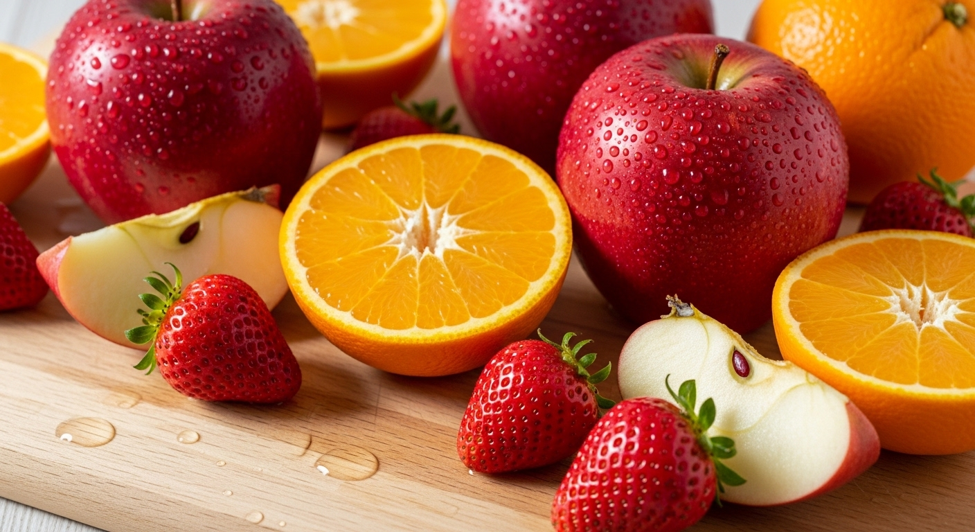 Táo, cam, dâu tây tươi rói, rực rỡ, được bày trí nghệ thuật trên thớt gỗ sáng màu, nổi bật dưới ánh sáng tự nhiên.