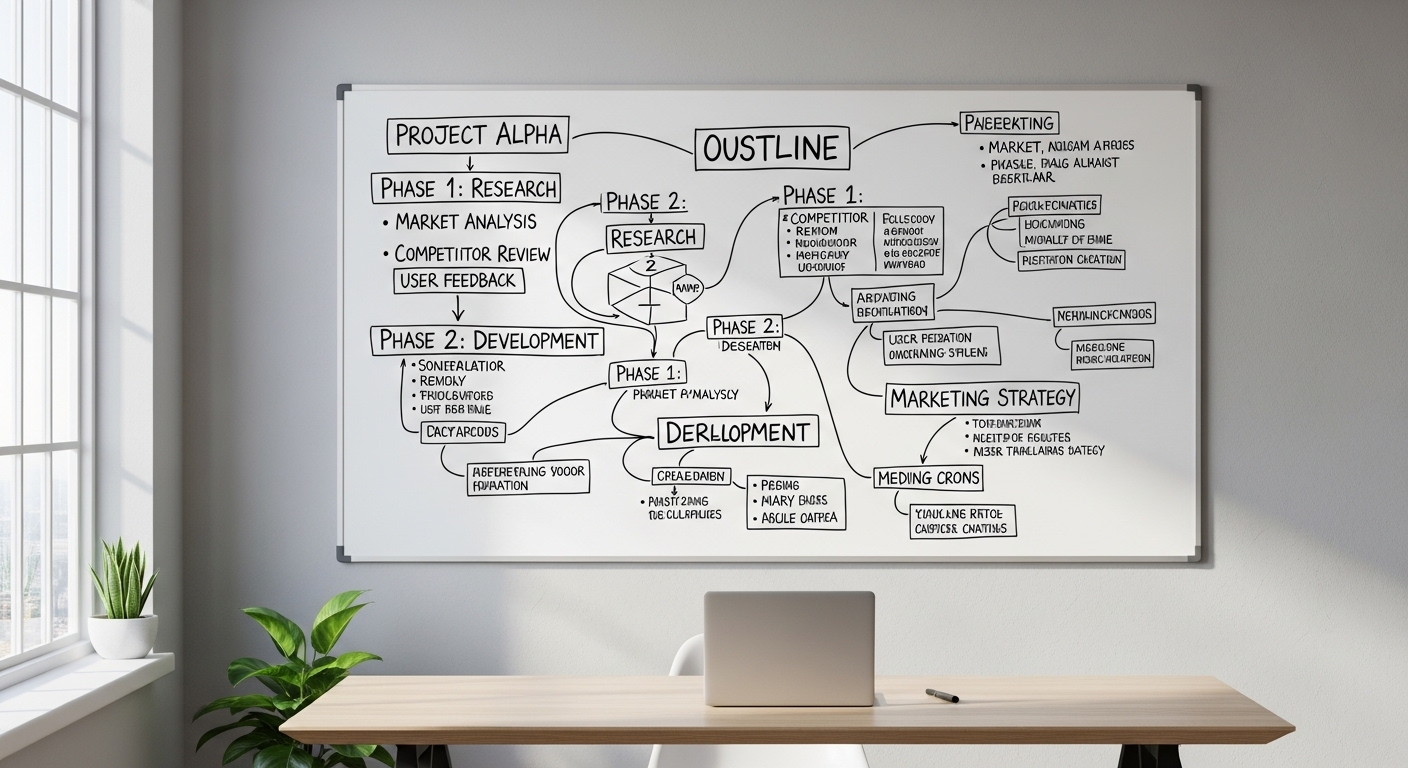 Dàn ý cấu trúc phức tạp, viết tay rõ ràng trên bảng trắng, với các tiêu đề, tiêu đề phụ và gạch đầu dòng, chuẩn bị nội dung cho một bài viết trống.