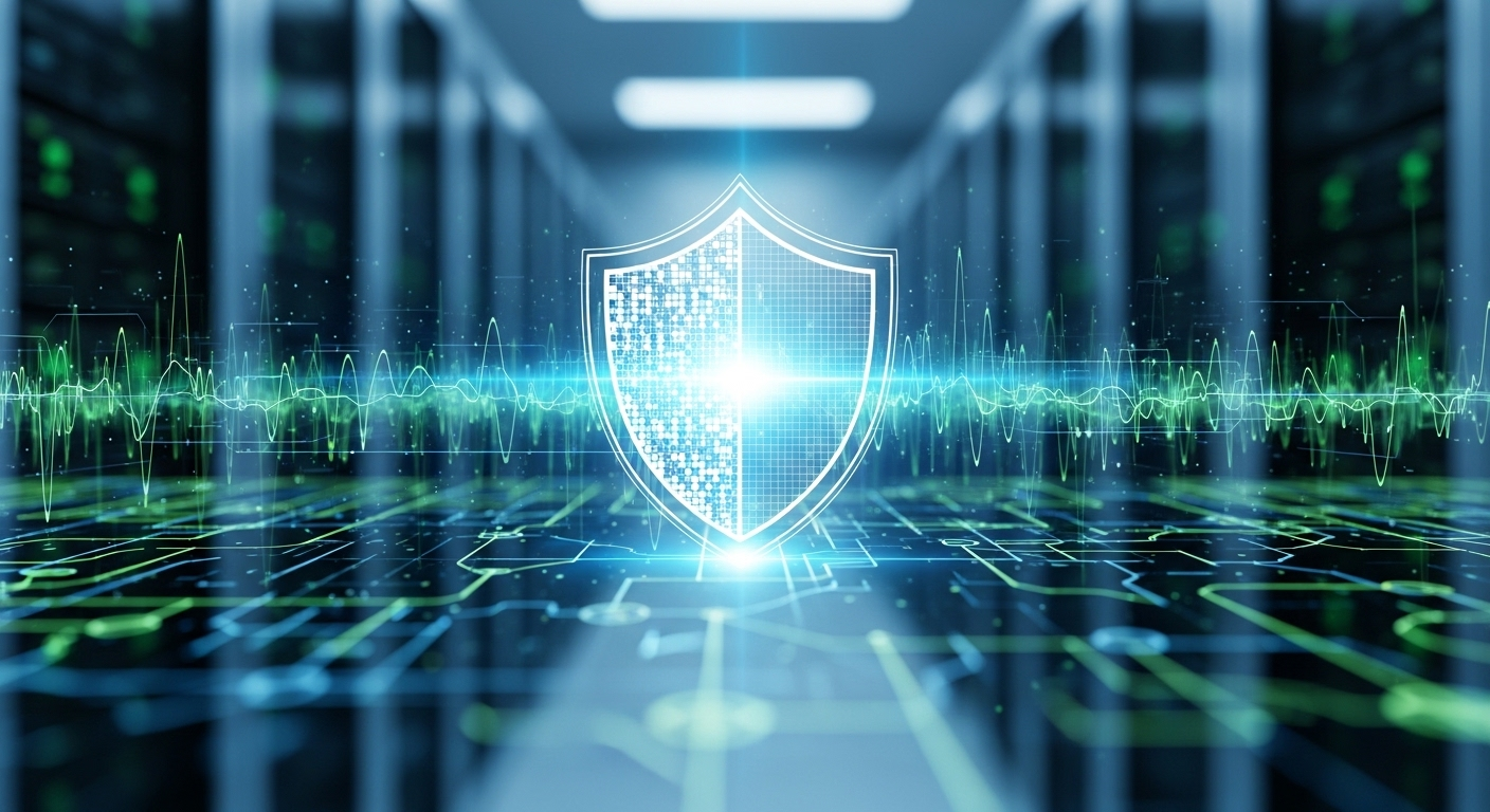 Lá chắn kỹ thuật số phát sáng trên mạng lưới dữ liệu, biểu tượng bảo mật website vững chắc. Giúp bảo vệ dữ liệu và ngăn chặn thiếu nội dung bài viết do tấn công, trong không gian phòng máy chủ công nghệ cao.