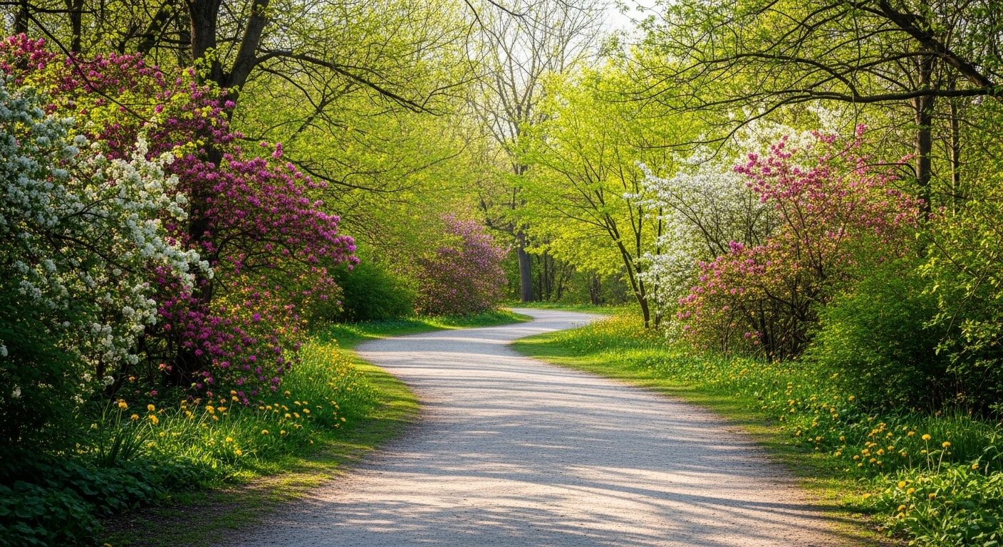 Con đường công viên mùa xuân yên bình với hoa nở rộ và cây xanh tươi dưới nắng, khung cảnh lý tưởng cho mẹ bầu tản bộ, một mẹo giữ sức khỏe mẹ bầu hiệu quả.