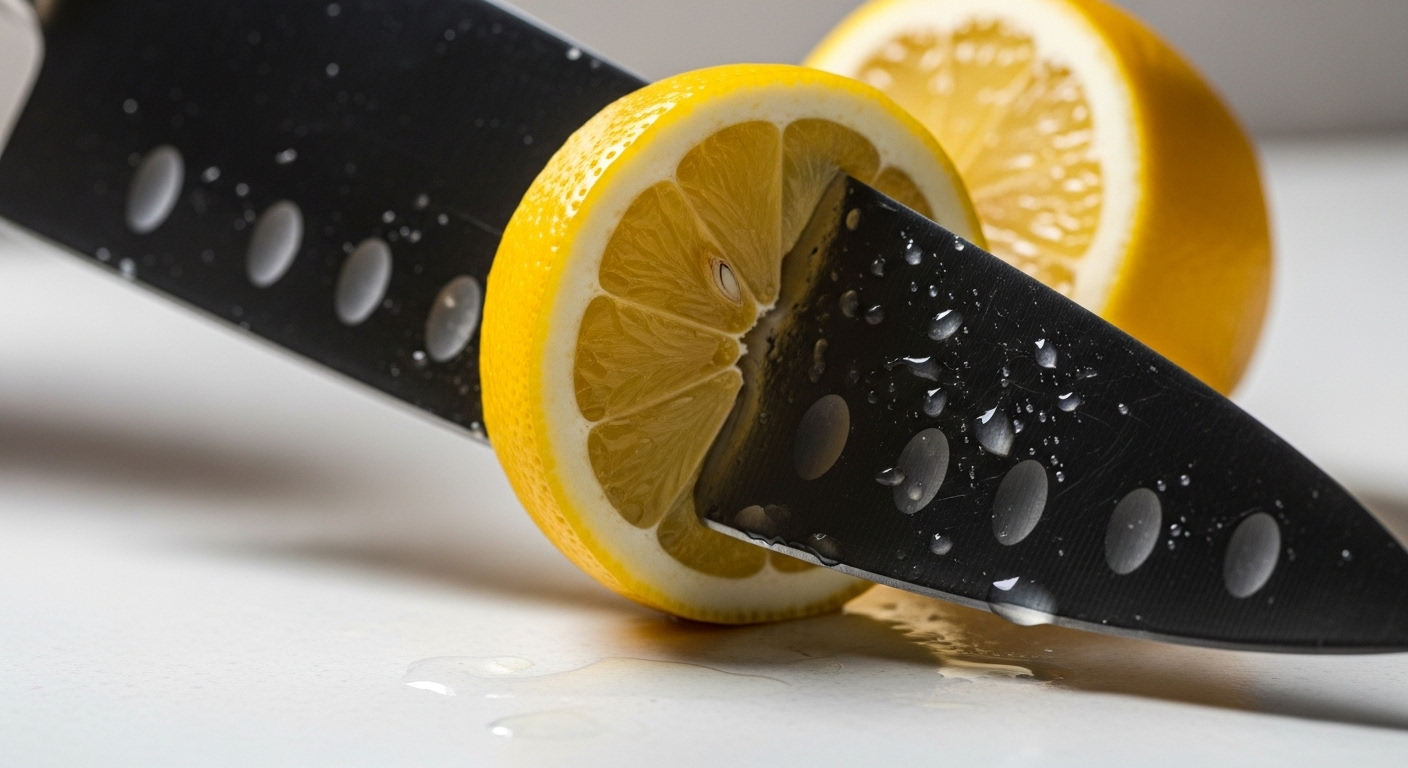 Cận cảnh chanh vàng tươi đang làm sạch dao bếp inox sáng bóng, với những giọt nước chanh bắn trên lưỡi dao và mặt bàn trắng.
