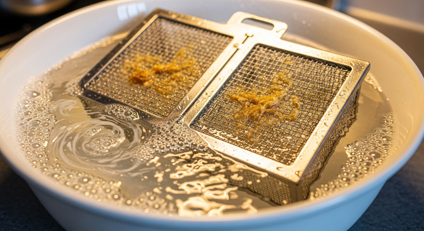 Lưới lọc mỡ máy hút mùi đang ngâm trong nước nóng sủi bọt để làm sạch dầu mỡ tích tụ. Đây là bước quan trọng giúp duy trì vệ sinh bếp sạch sẽ, tương tự như vệ sinh lò nướng định kỳ.