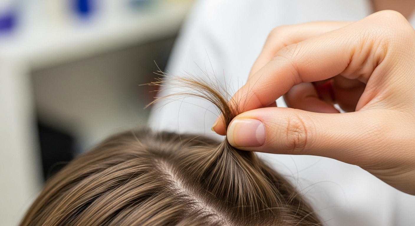 Tay nắm lọn tóc nhỏ để kiểm tra độ chắc khỏe, một phần của kiểm tra sức khỏe tại nhà.