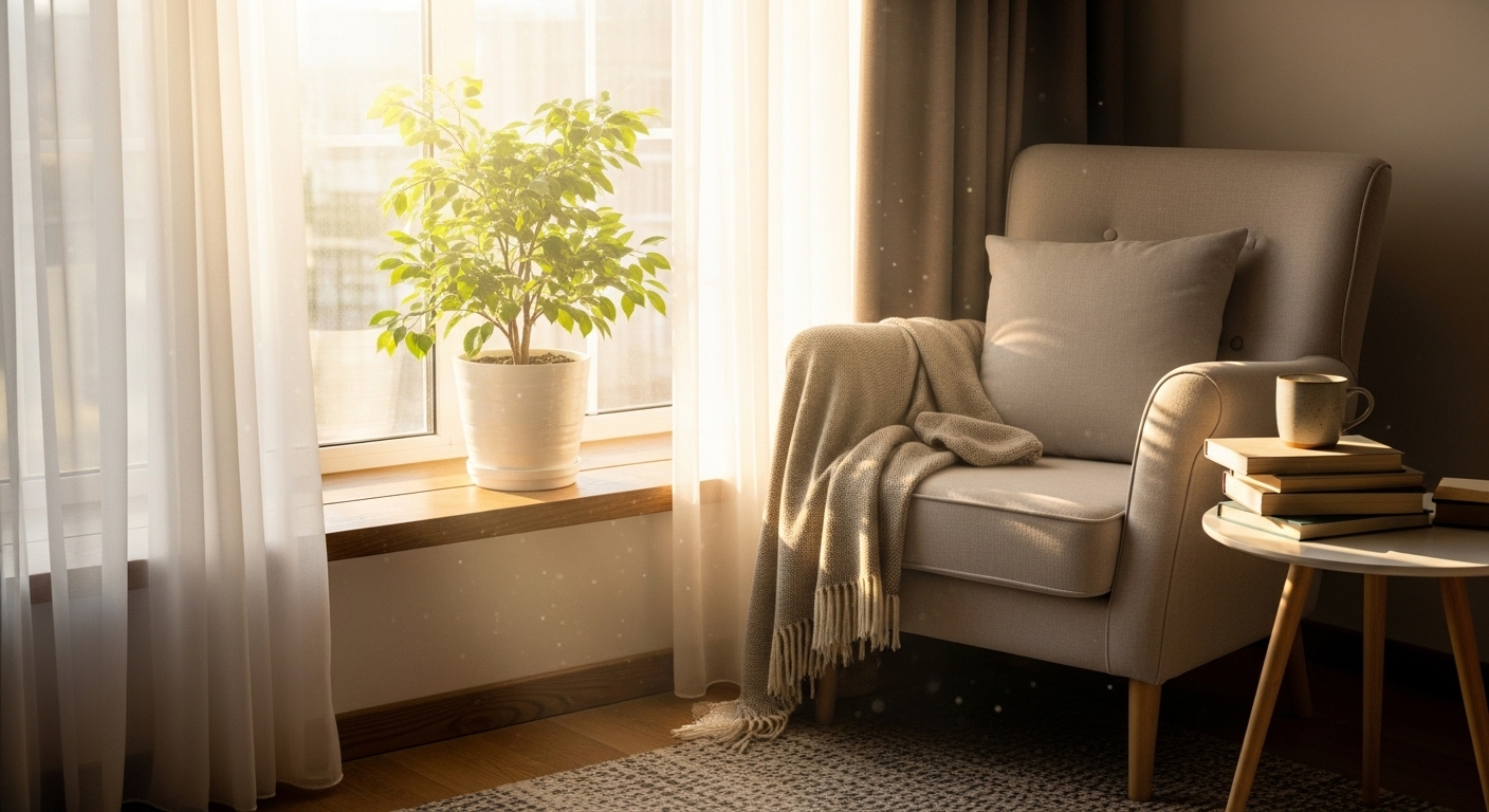 Góc đọc sách ấm cúng tràn ngập ánh nắng tự nhiên, cây xanh tươi tắn trên bệ cửa sổ – Mẹo tăng năng lượng hiệu quả. Góc đọc sách ấm cúng tràn ngập ánh nắng tự nhiên, cây xanh tươi tắn trên bệ cửa sổ – Mẹo tăng năng lượng hiệu quả.