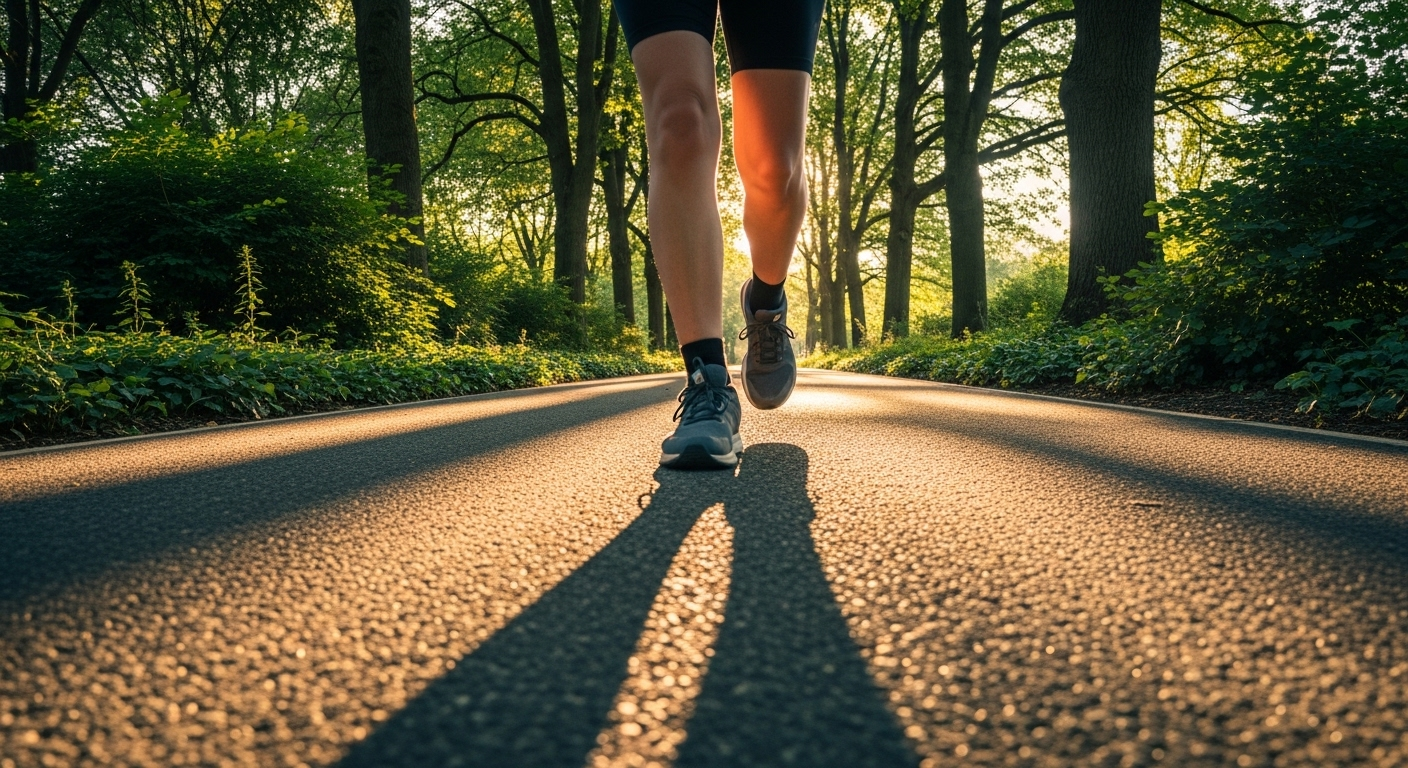 Chân người đi giày thể thao đang bước nhanh trên lối đi lát gạch trong công viên xanh mướt dưới nắng, hoạt động lý tưởng để giảm mỡ máu và tăng cường sức khỏe.