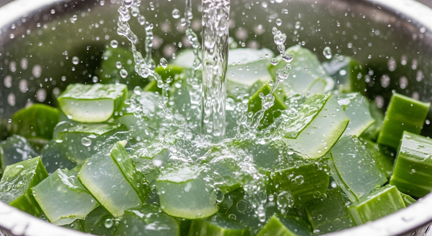 Rửa sạch các khối nha đam trong suốt dưới vòi nước mạnh trong rổ kim loại – bước quan trọng trong cách làm nha đam hết nhớt.