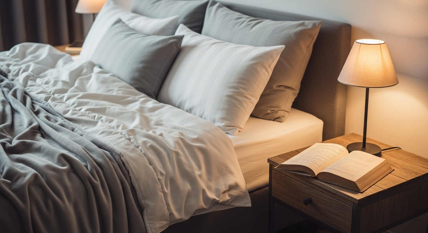 Giường ngủ ấm cúng với chăn dày, gối êm ái, đèn ngủ dịu nhẹ và sách mở trên tủ đầu giường, tạo không gian lý tưởng để thư giãn và giữ gìn sức khỏe mùa đông.
