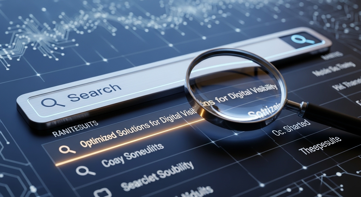 Thanh tìm kiếm và kính lúp trên giao diện số, hiển thị kết quả tìm kiếm được xếp hạng với vị trí hàng đầu nổi bật, minh họa SEO hiệu quả trên điện thoại thông minh.