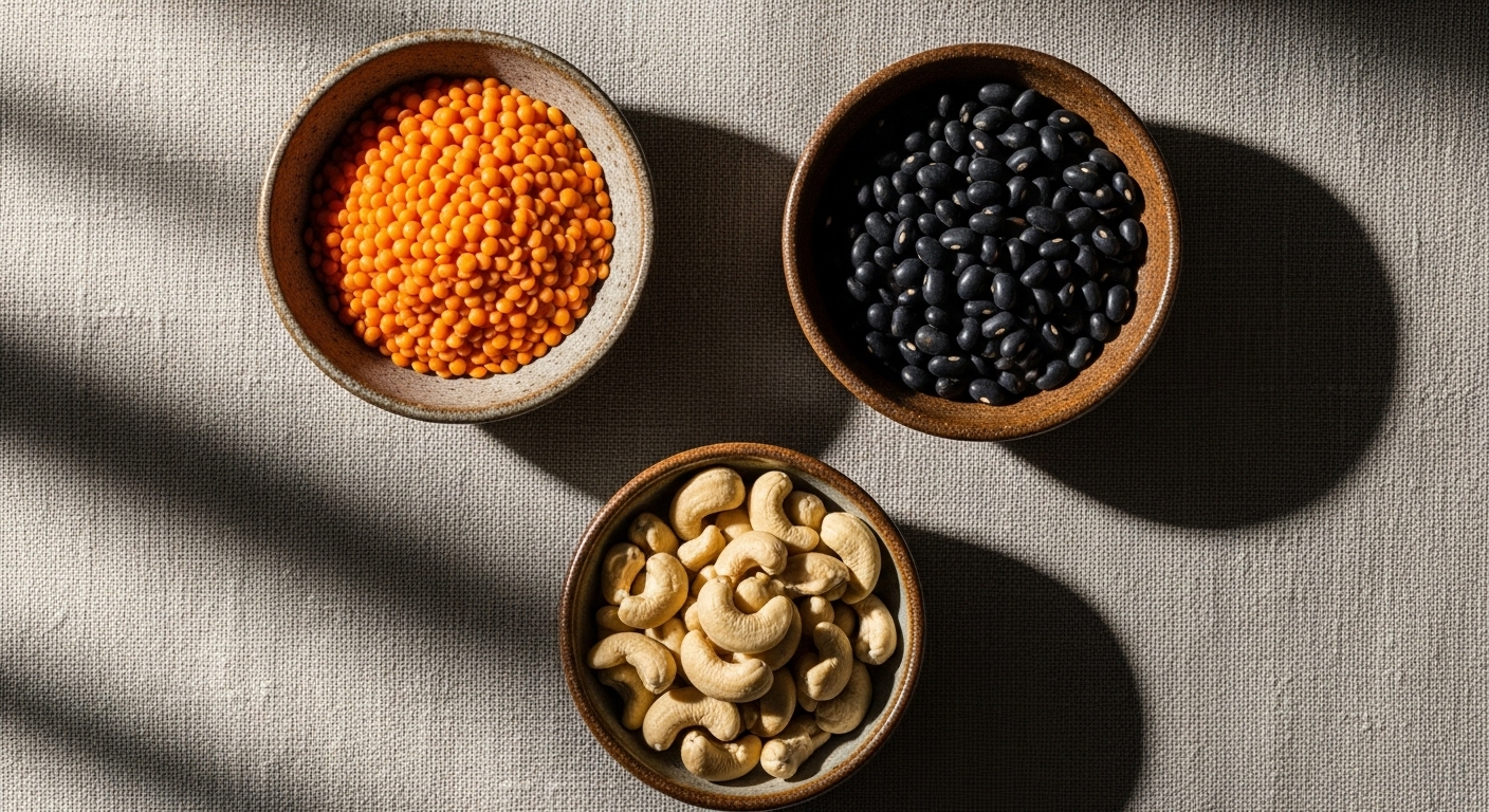 Bát gốm nhỏ chứa đậu lăng đỏ, đậu đen và hạt điều – những thực phẩm giàu dinh dưỡng nên có khi tìm hiểu Thiếu máu nên ăn gì.