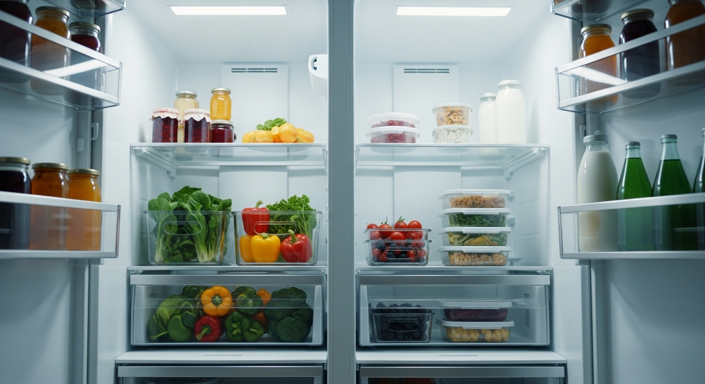 Tủ lạnh mở, nội thất sáng sủa, sạch sẽ với thực phẩm tươi được sắp xếp gọn gàng trên kệ kính. Kết quả của việc vệ sinh nhà bếp chu đáo. Tủ lạnh mở, nội thất sáng sủa, sạch sẽ với thực phẩm tươi được sắp xếp gọn gàng trên kệ kính. Kết quả của việc vệ sinh nhà bếp chu đáo.