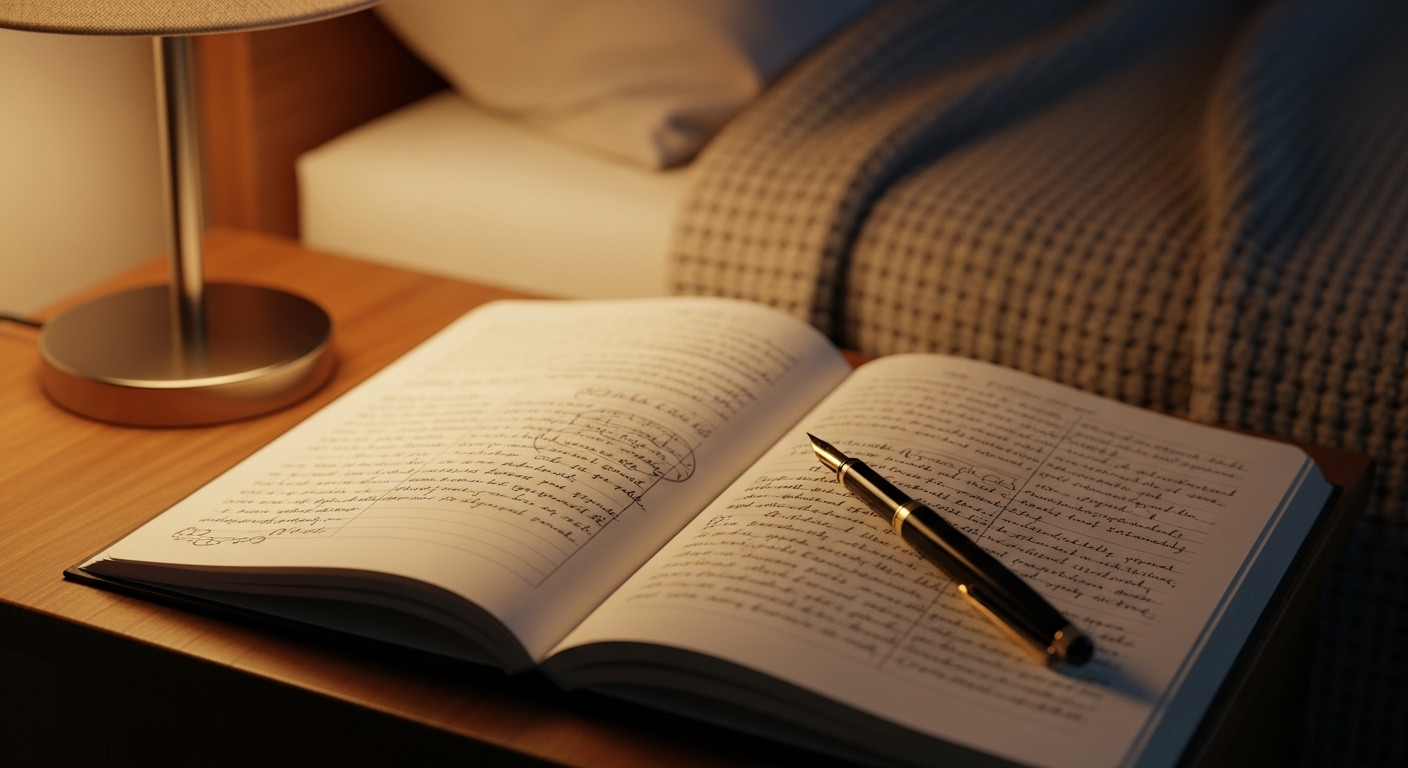 Nhật ký mở với ghi chú và bút máy dưới ánh đèn ngủ ấm áp, khuyến khích thói quen sống khỏe mạnh mỗi ngày.