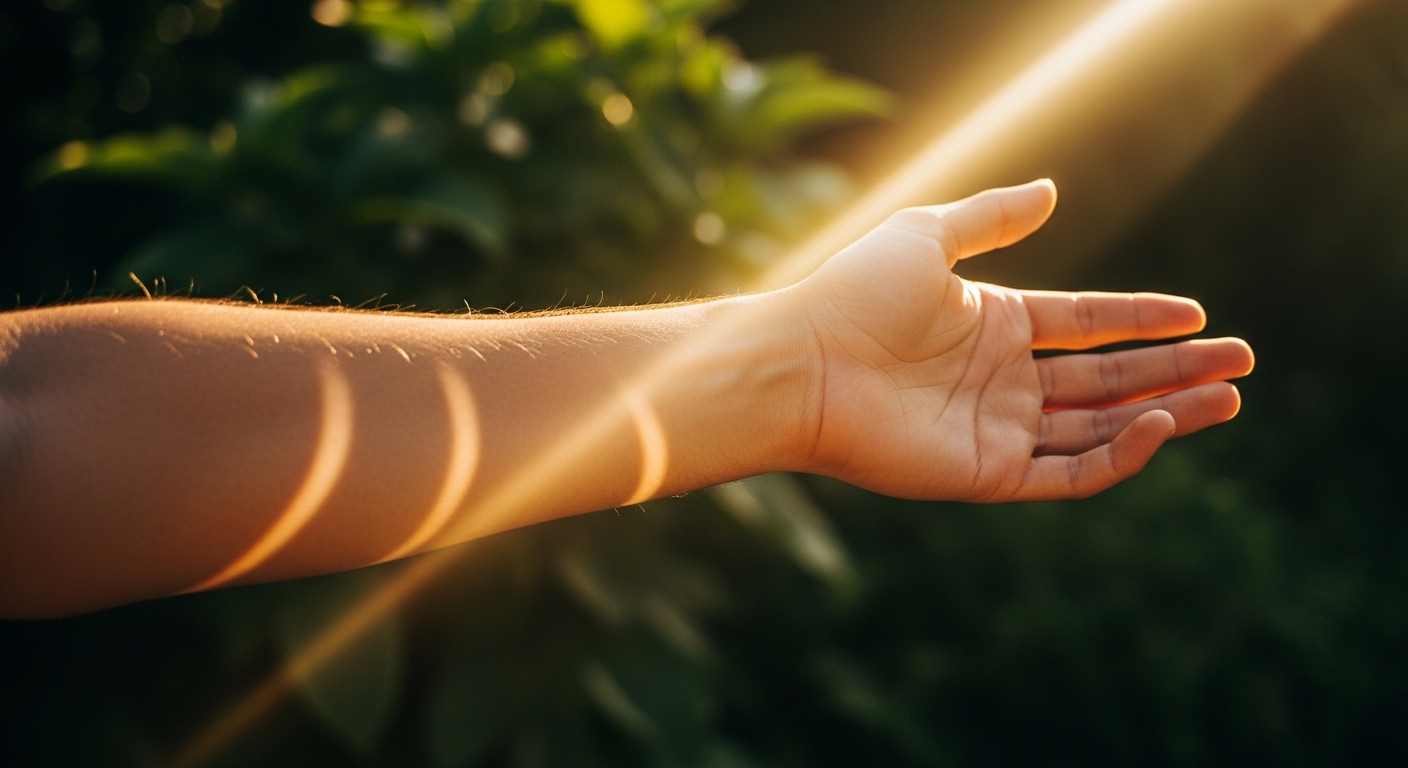 Cánh tay vươn đón nắng chiều vàng ấm áp giữa tán lá xanh mờ ảo, gợi cảm hứng về sự bình yên và tăng cường sức khỏe.