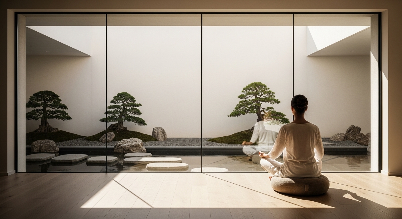 Người ngồi thiền yên bình trên đệm, trước cửa sổ lớn nhìn ra vườn cây xanh và ánh nắng ấm áp, minh họa cách chăm sóc sức khỏe cơ thể và tinh thần hiệu quả.