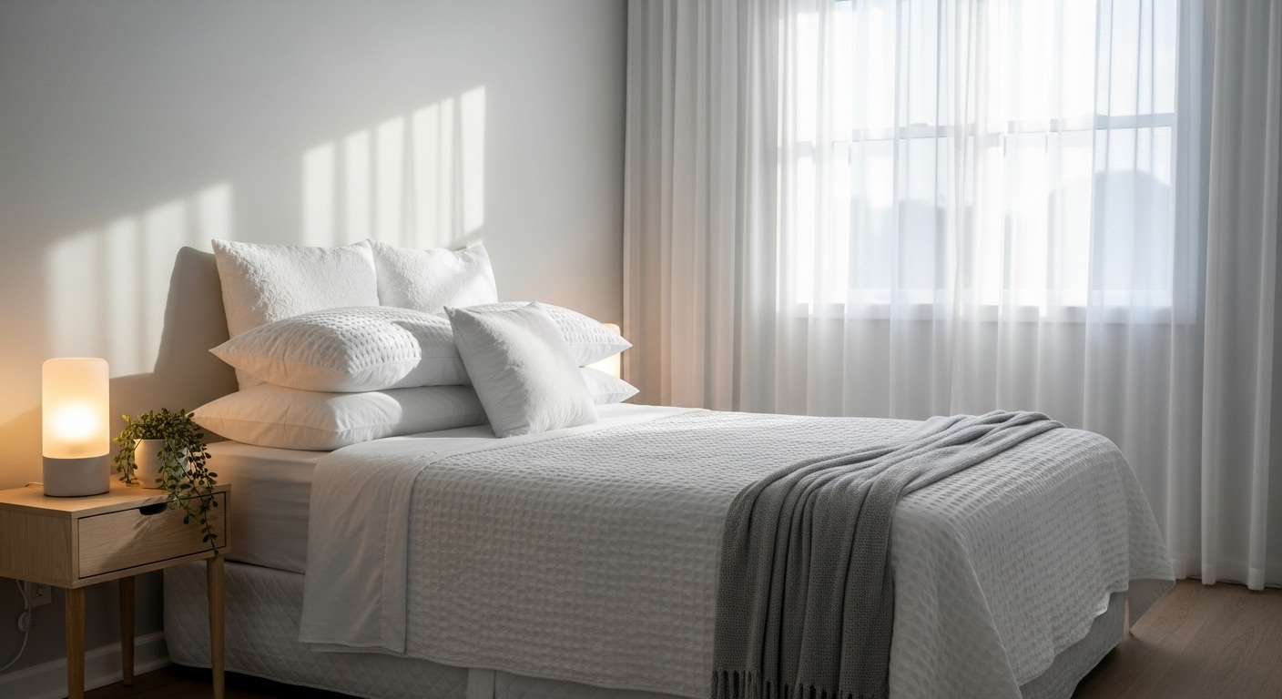 Phòng ngủ yên bình với giường gọn gàng, ga trắng tinh, gối mềm mại và ánh sáng dịu nhẹ, tạo không gian lý tưởng để nghỉ ngơi và tăng cường sức khỏe.