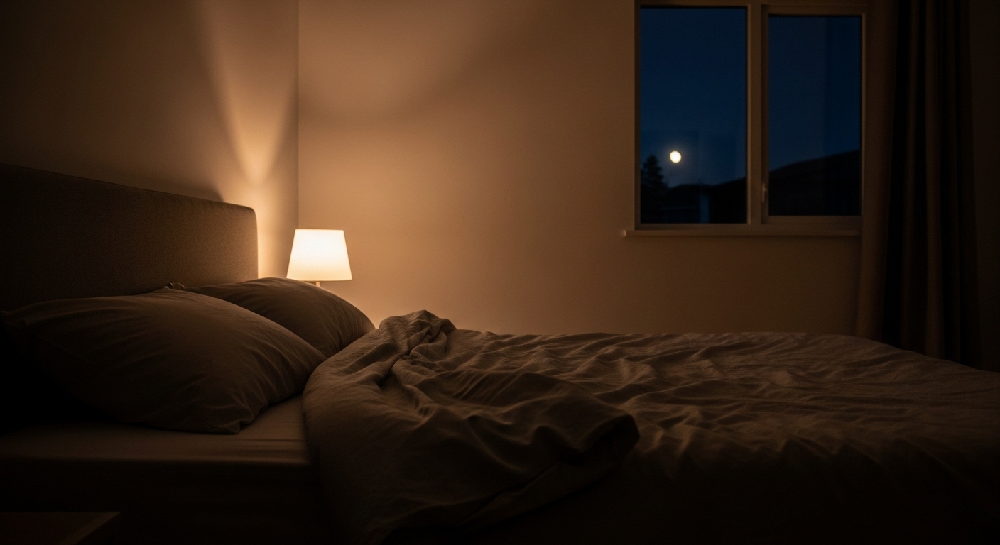 Phòng ngủ thanh bình ban đêm với giường gọn gàng, ánh đèn ấm áp – bí quyết khỏe mạnh cho giấc ngủ sâu.