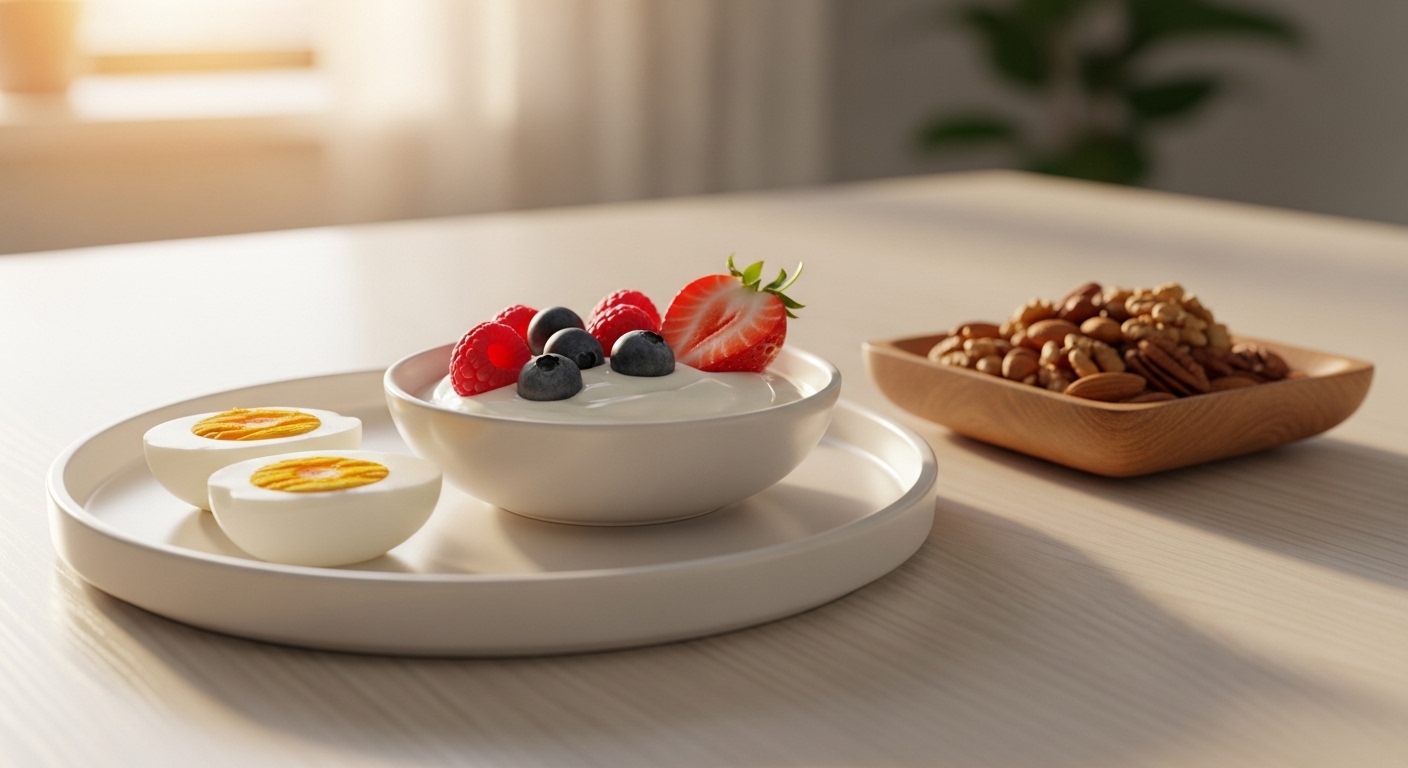 Bữa sáng lành mạnh và đầy đủ dinh dưỡng trên bàn sạch, gồm trứng luộc, sữa chua Hy Lạp với quả mọng và các loại hạt. Đây là mẹo để khỏe mạnh hơn mỗi ngày.