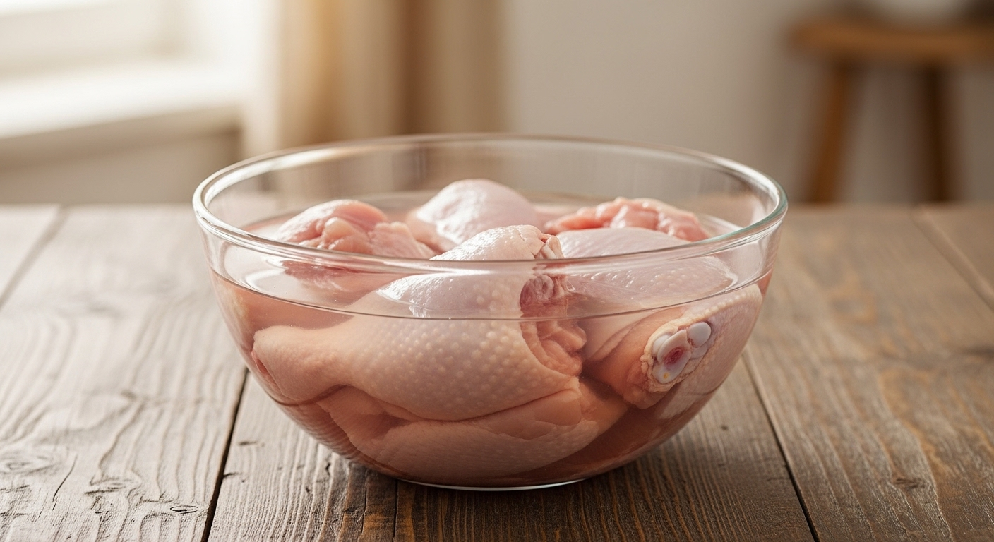 Miếng gà hồng nhạt ngâm trong nước muối trong tô thủy tinh trên bàn gỗ mộc, minh họa một mẹo vặt nấu ăn giúp thịt gà mềm ngon.