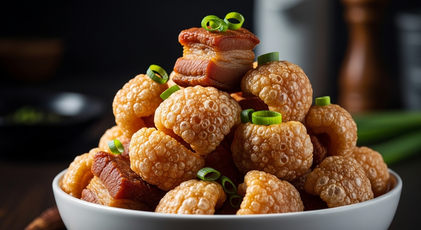 Tóp mỡ vàng giòn rụm, chất đống trong bát sứ trắng điểm hành lá xanh. Một món ăn ngon và là mẹo vặt nấu ăn để tăng hương vị cho nhiều món.