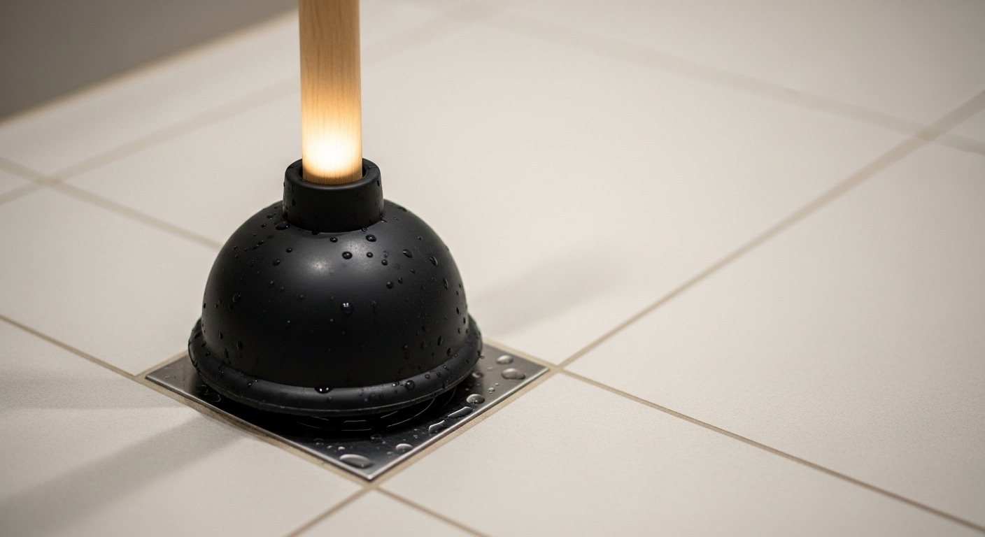 Cây thụt cao su đen cán gỗ đặt trên lỗ thoát nước sàn nhà tắm, thể hiện cách thông ống thoát nước nhà tắm bị tắc.