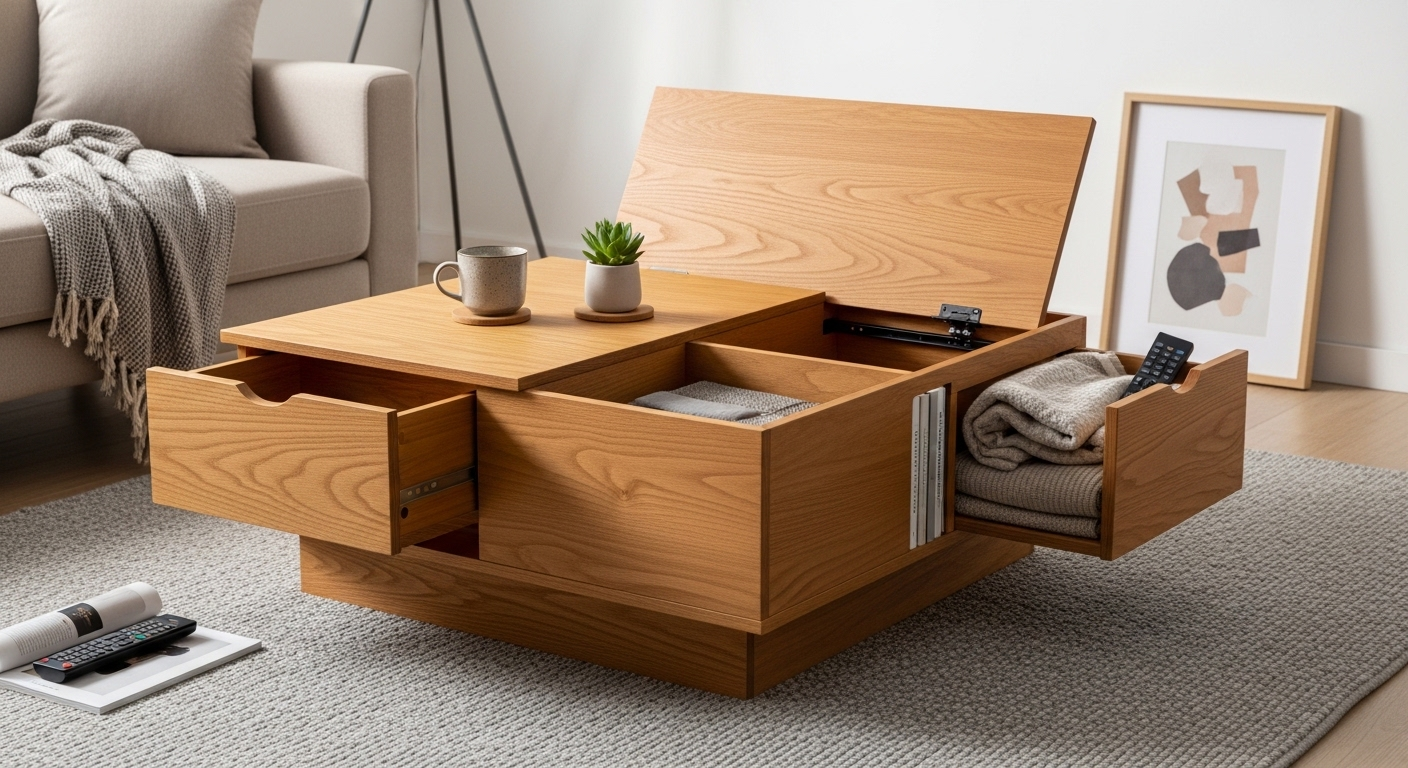 Bàn cà phê gỗ đa năng với ngăn chứa đồ, giải pháp trang trí nhà cửa thông minh, tiết kiệm không gian cho phòng khách nhỏ.