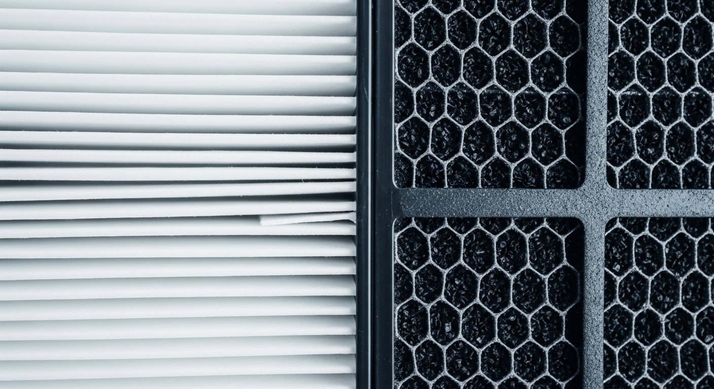 Cận cảnh chi tiết bộ lọc bên trong máy lọc không khí, gồm màng lọc xếp ly trắng và màng lọc than hoạt tính cấu trúc tổ ong màu đen.