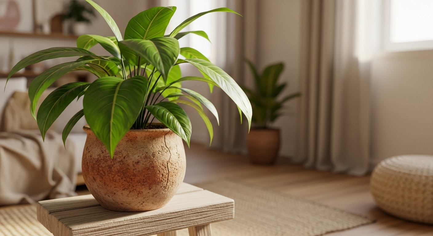 Cây xanh lá bóng mượt trong chậu đất nung vân đất, đặt trên đôn gỗ thô, là món đồ decor trang trí phòng khách tinh tế, tạo không gian ấm cúng, tràn ngập nắng.