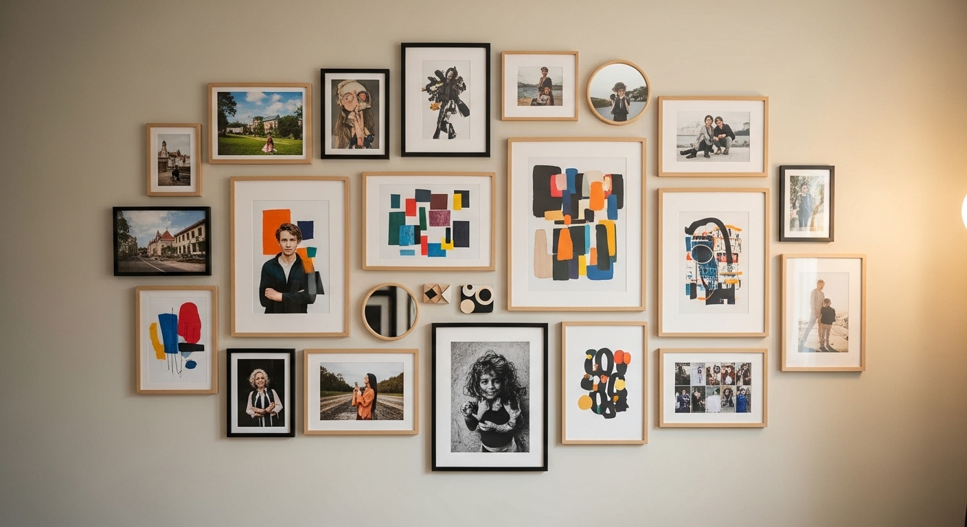 3.  Hình ảnh gallery wall nghệ thuật với khung gỗ tự nhiên và kim loại đen, sắp xếp độc đáo, là điểm nhấn tuyệt vời cho trang trí nhà cửa.